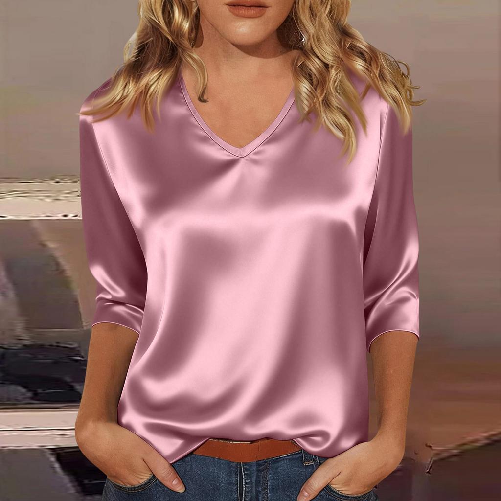 Women's V-neck Three-quarter Sleeve Satin Shirt Top, Lightweight For Spring And Summer