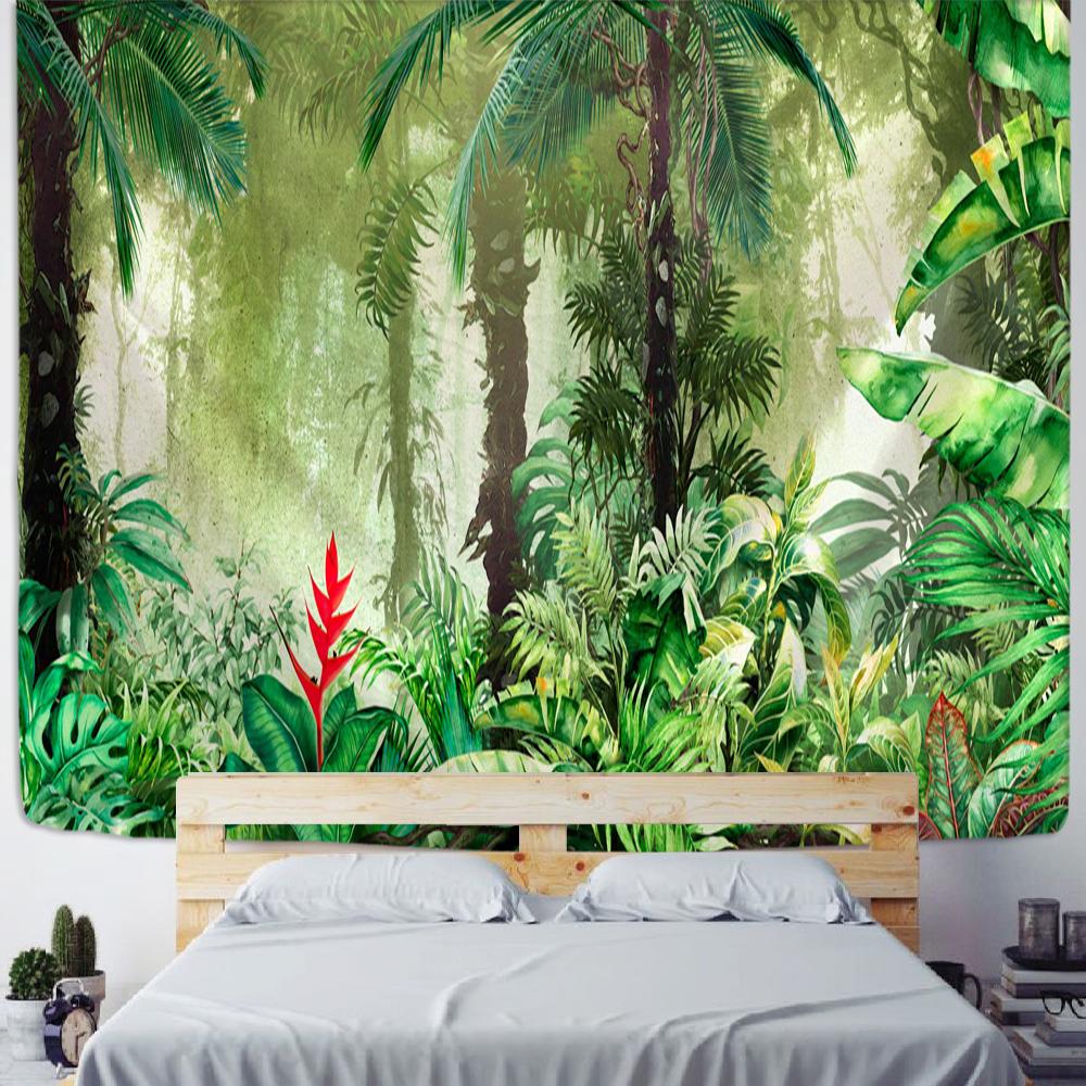 Tropical Rainforest Tapestry Wall Hanging Family Bedroom Decoration Polyester Fabric Bohemian Plant Art Printing