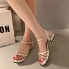 French Open-toed Rhinestone Sandals Women's Summer New Thick Heel Square Head One-word Buckle Skirt Roman Shoes