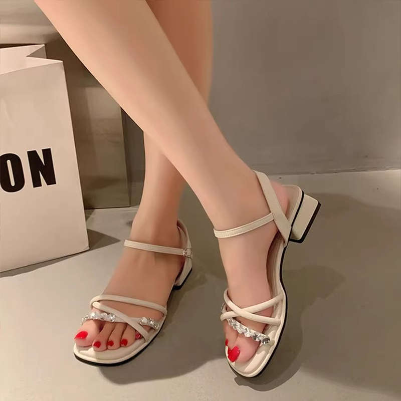 French Open-toed Rhinestone Sandals Women's Summer New Thick Heel Square Head One-word Buckle Skirt Roman Shoes