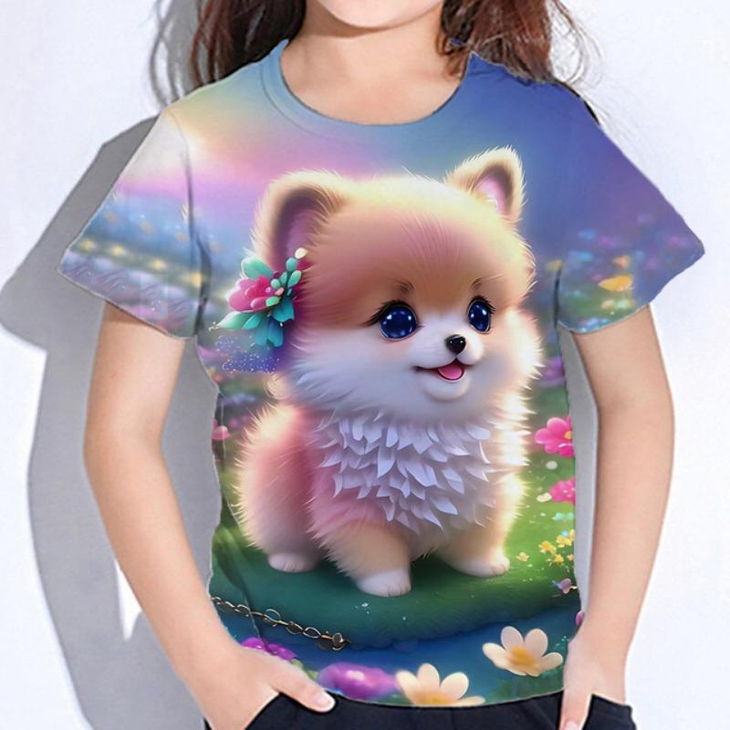 Detské Oblečenie Blúzka pre Dievčatá Kawaii Mačička Krátky Rukáv Tričko Potlač Chlapčenské Oblečenie Polyester Dievčenské Tričko Detské Tričko