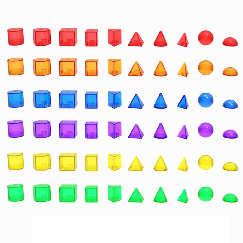 60Pcs Geometric Solids Shape Blocks 3D Shapes Colorful Educational Toy Translucent Pattern
