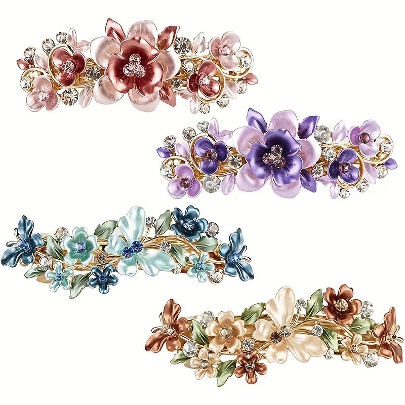 Single Bohemian Floral Rhinestone Hair Clip Large Rectangular Hairpin with Multicolor Enamel Flowers, Sparkling Crystals Golden Tone Accents for Women