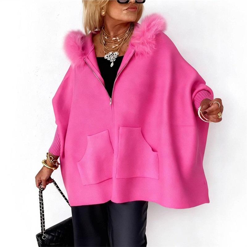 Autumn and winter European and American fashion loose pocket zipper big fur collar knitted hooded women's jacket
