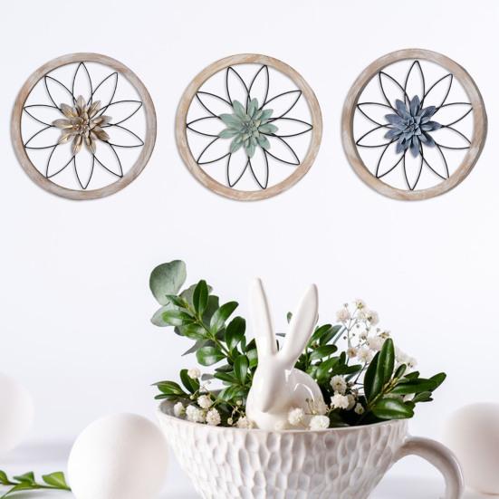 3 Pcs Farmhouse Wall Decor Wooden Rustic Flower Decoration Wall Art Ornament for Living Room Bedroom Dining Room