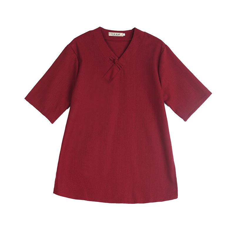 Vintage V-neck Cotton Linen Hanfu Top - Mid-sleeve Zen Tea Ceremony Shirt