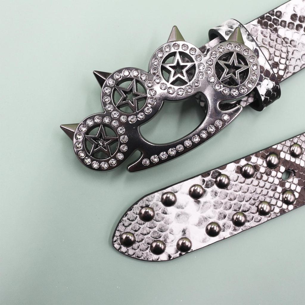 Rhinestone Tiger Claw Buckle Belt - Y2K Punk Rivet Women's Snake Skin Belt