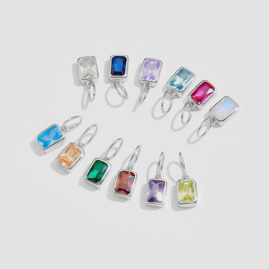 12 Birthstone Colored Zircon Square Pendant Necklace, S925 Sterling Silver, European & American Style
