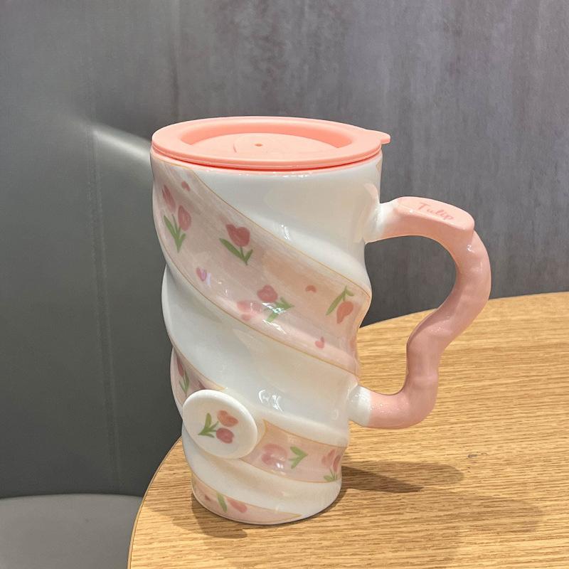 Small Fresh Ceramic Casual Cup with Lid Large Capacity and High Appearance Girls' Mug Cold Drink High Cup Milk Tea Cup