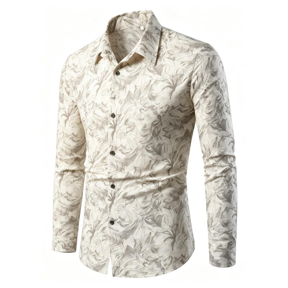 Men's Retro Plant Leaf Printed Long Sleeved Shirt with Slim Fit Collar Trend Shirt, Daily Party Casual Men's Top