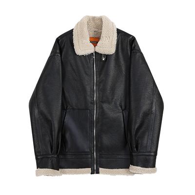 Lamb Fur One-piece Men's Short Fur Collar Leather Jacket Winter Velvet Thickened Leather Jacket
