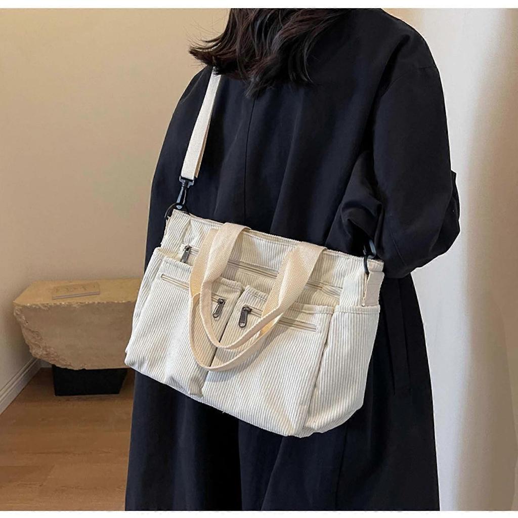 Djunllk Sling Bag Tote Bag for Women - 11.02" x 14.17" Corduroy Multi Compartment Large Capacity Stylish Portable Crossbody Handbag