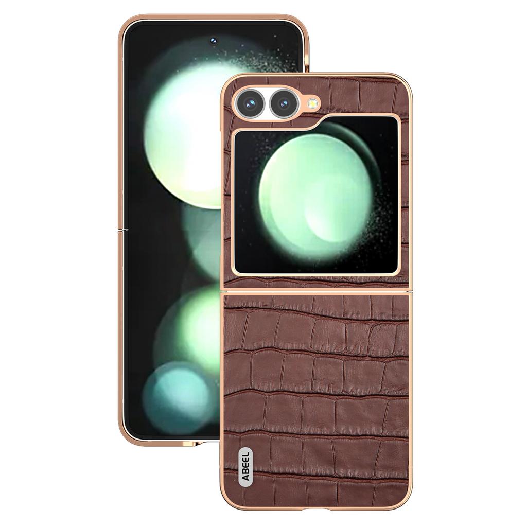 ABEEL For Samsung Galaxy Z Flip7 FE 5G/Z Flip6 5G Case Electroplating Phone Cover Crocodile Texture Genuine Cow Leather+TPU Protective Case