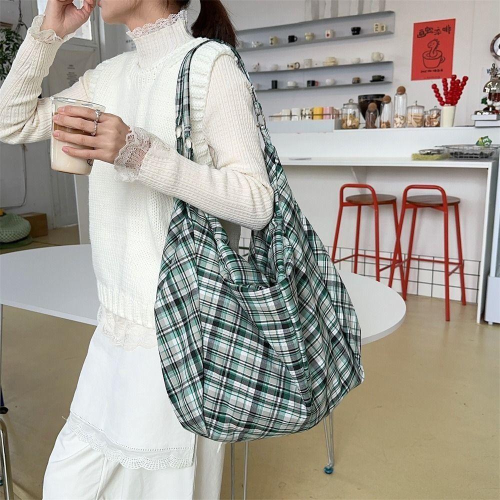 

Colorful Single-shoulder Bag Plaid Canvas Underarm Bag Fashionable Plaid Tote Bag Commuting зелений