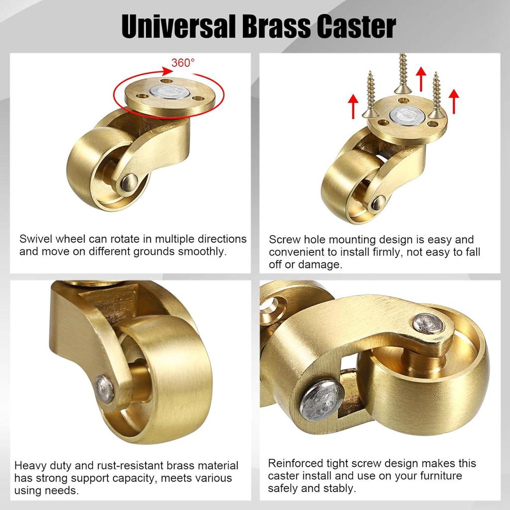 Pack of 2 Sturdy Brass Swivels Casters Portable 360 Degree Rotating Furniture Wheel for Chairs Cabinets Trunks Box