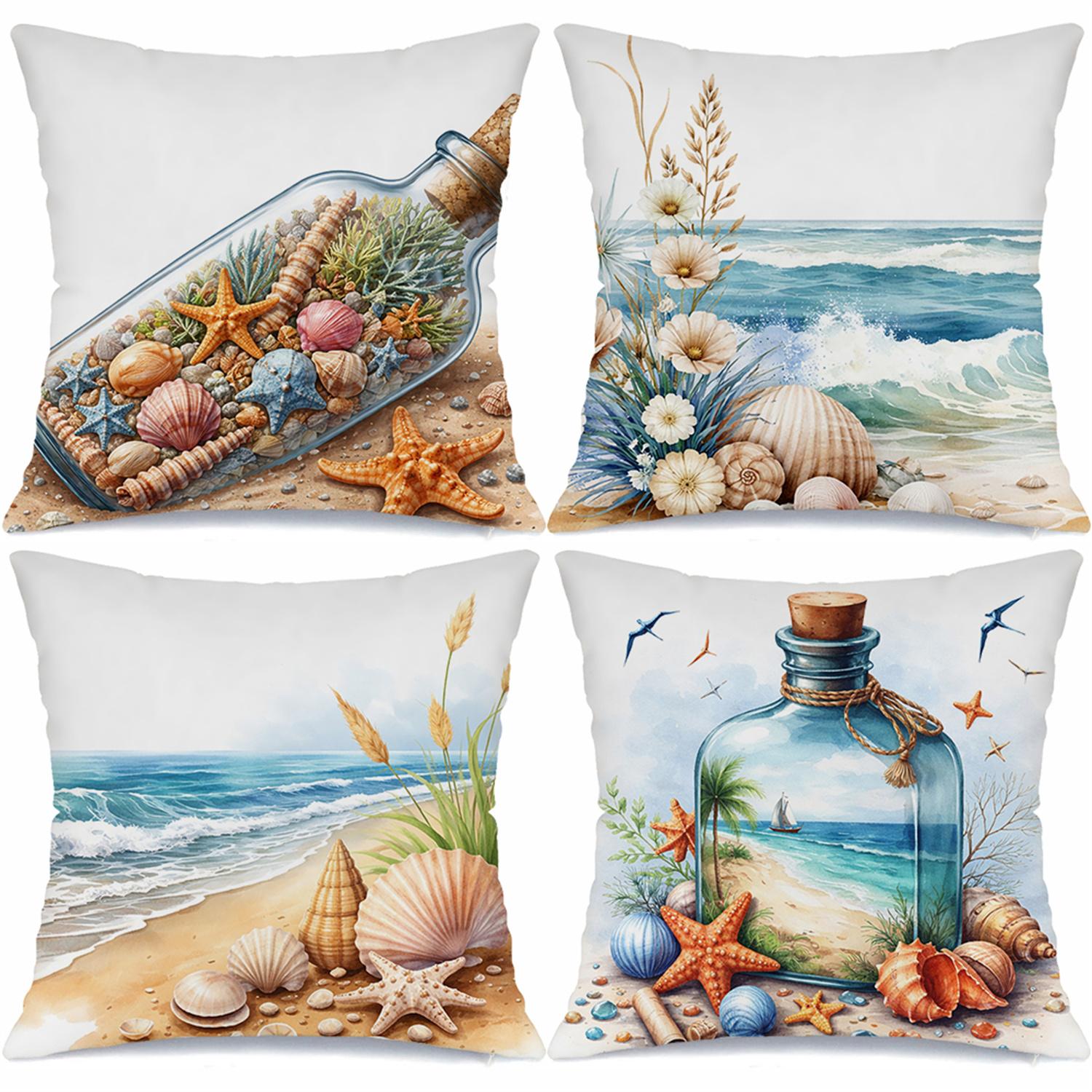 Coastal Beach Pillow Covers, Message In A Bottle Seashell Starfish Double-Sided Printed Throw Pillow Cases, Nautical Ocean Decor Peach skin 18*18(CM)-1Pcs