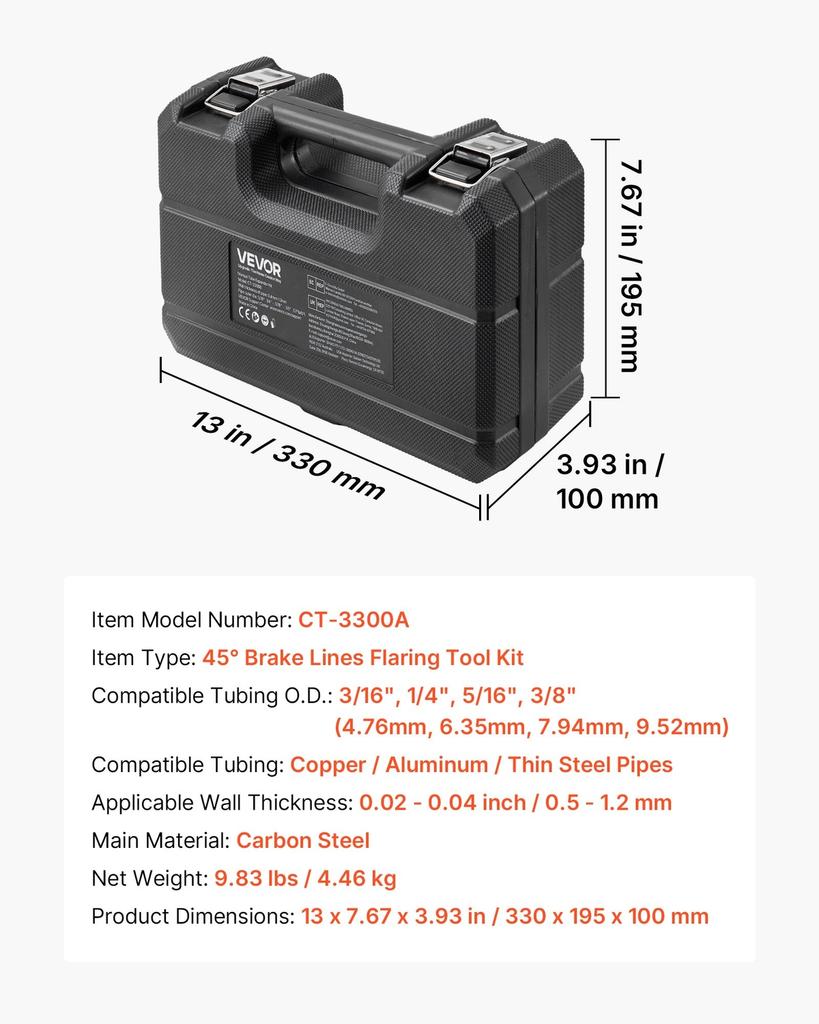 Professionelles Bremsleitungs-Bördelwerkzeug, 45-Grad-Doppelbördel-Blasenbördel-Werkzeugsatz für 4,76 mm, 6,35 mm, 7,94 mm, 9,52 mm Kupfer-Aluminium-Dünnstahlrohre