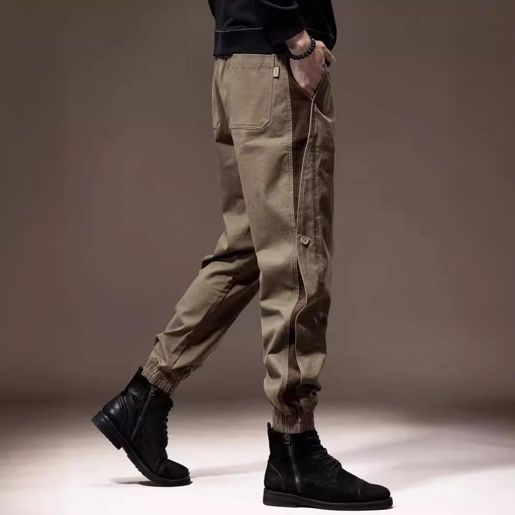 Męskie spodnie cargo z elastycznym pasem i wieloma wiązaniami, luźne, z wieloma kieszeniami i prostymi nogawkami, modne spodnie ogrodniczki