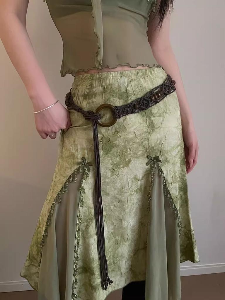 Retro Folk Woven Waist Rope Women Wooden Ring Design Feeling Bohemian Skirt Dress Belt Accessories