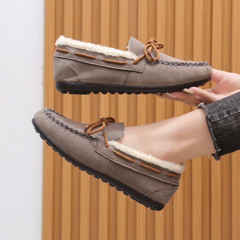 2025 Winter Women's New Bean Shoes Fashionable, Comfortable, Warm, Plush Bow Women's Cotton Shoes Casual Non slip Flat Shoes