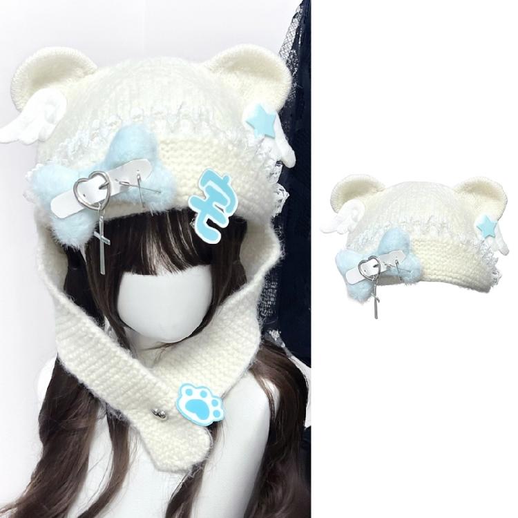 Warm Blue Bear Hat with Ear Furry Caps Cartoon Ear Hat Solid Color Wing Winter Plush Hat for Casual Wear