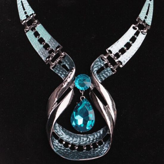 Women Fashion Water-drop Faux Sapphire Dangle Ear Studs Necklace Jewelry Set