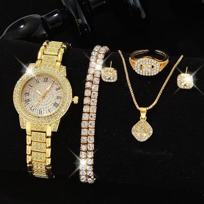 6PCS Women Watch Luxury Elegant Alloy Watch Crystal Wristwatch For Ladies Gift Quartz Watch Alloy Rhinestone Bracelet Montre