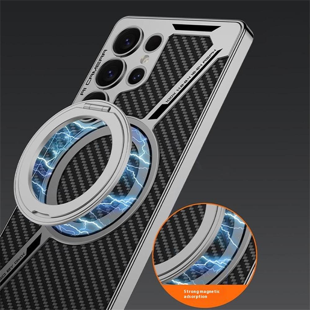 

For Samsung Galaxy S25 Ultra Case Compatible with MagSafe PU+TPU Kickstand Phone Cover Z Shape Design Carbon Fiber Texture