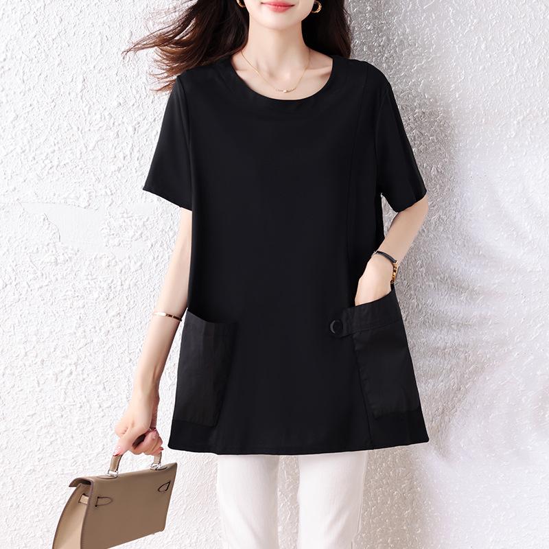Plus Size Women s Elegant Short Sleeve Summer Top - Slimming, Simple, and Fashionable 2026 Collection 2XL чёрный