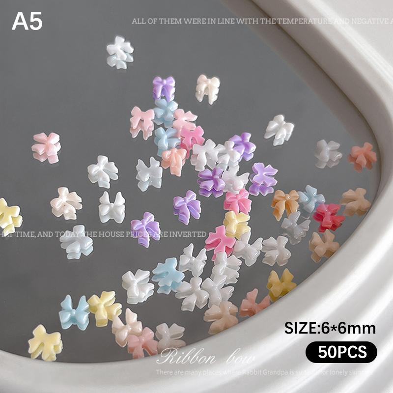 50Pcs Candy Color Bow Nail Art Parts Charms Mini Resin Ribbon Nail Rhinestones Diy Summer Nail Art Decor Accessories