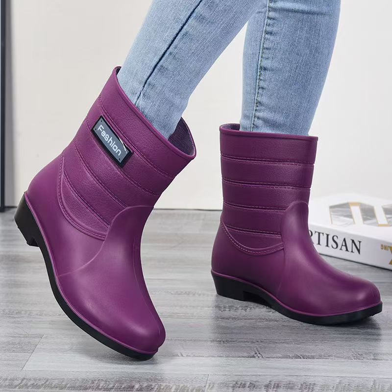 Woman's New Low Heel High Top Rain Boots Soft Sole Round Toe Non Slip Waterproof Slip On Kitten Work Shoe Garden Shoe Water Shoe