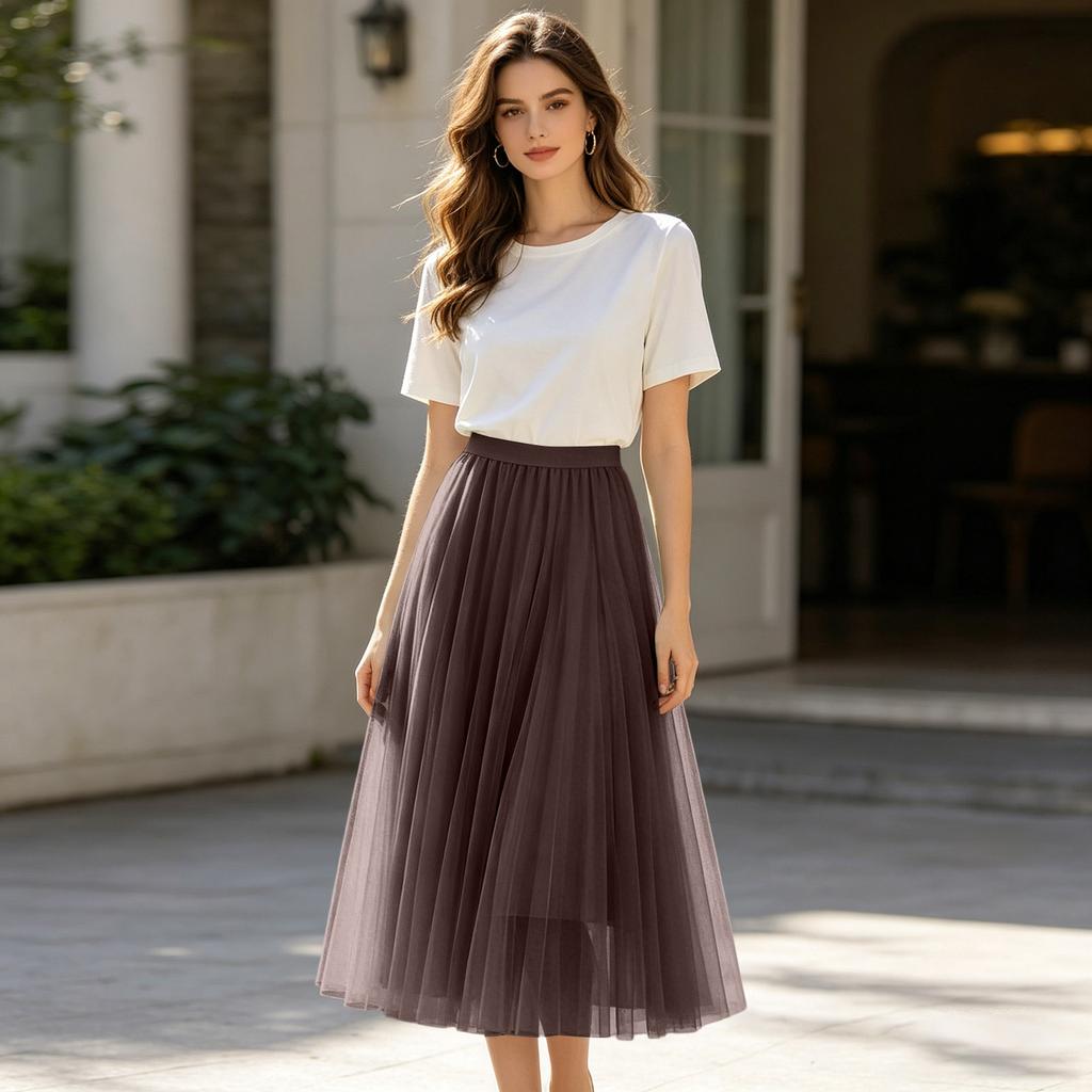 Ladies' Casual And Fashionable Mesh Half Skirt Long Skirt
