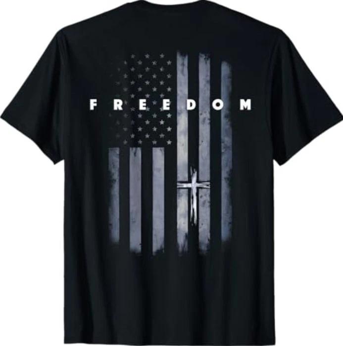 On Back Grunge American Flag and Cross Faith Family Freedom T-Shirt 3XL