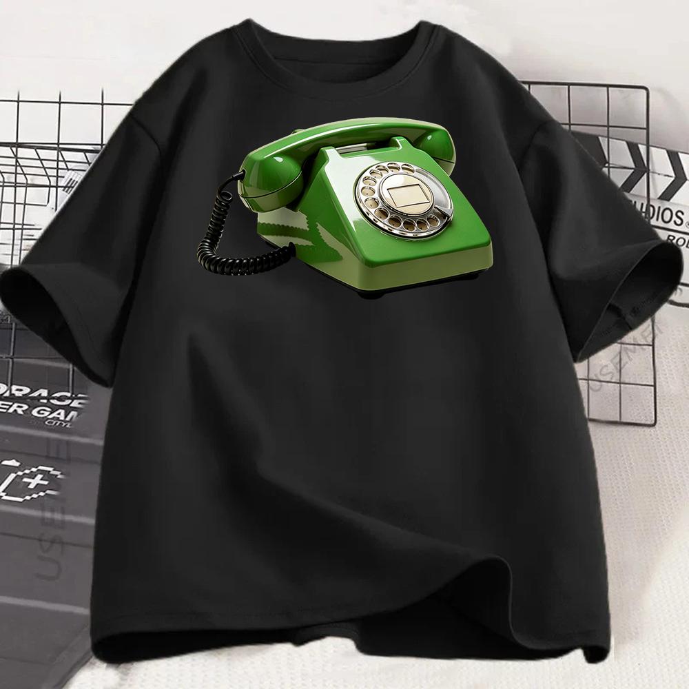 Vintage Green Rotary Phone Graphic TShirt Retro Telephone Print Casual White Tee Nostalgic Old School Communication Shirt
