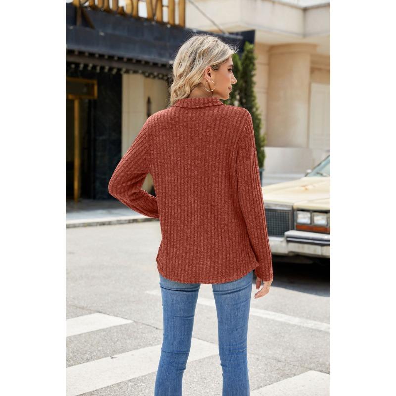 YYFS Women's Fashion Casual Spring Fall Solid Color Print Long Sleeve POLO Neck Blouses & Shirts