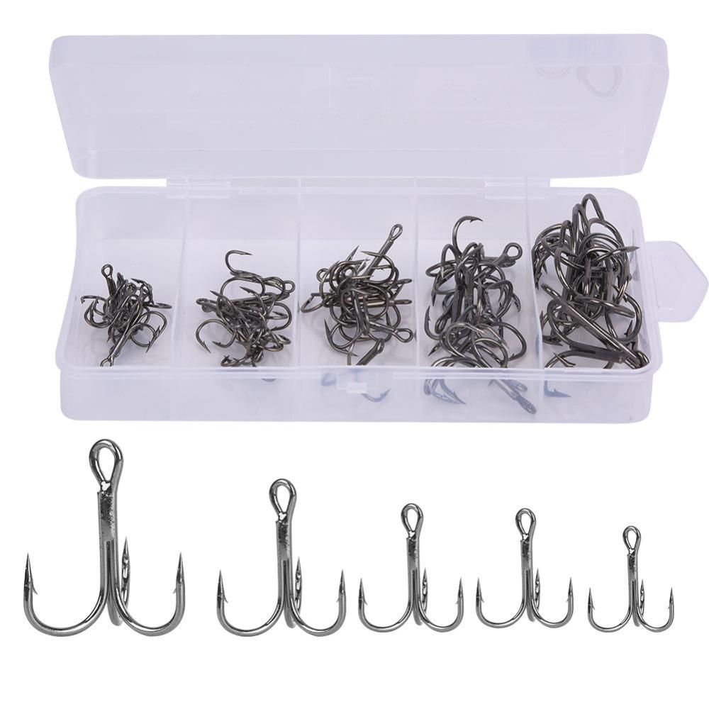 

50PCS High Carbon Steel Fishing Treble Hook Sharpened with Barbed Treble Hook High Strength 5 Models Round Bend Hook Saltwater