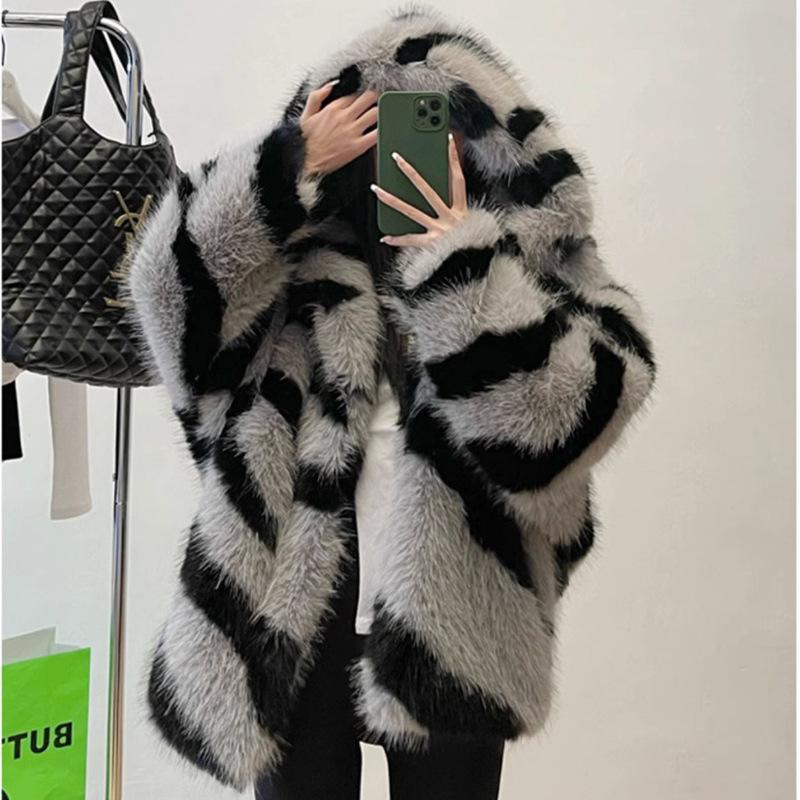 Women's fur coat zebra pattern hooded imitation fox fur coat young thickened winter warm jacket