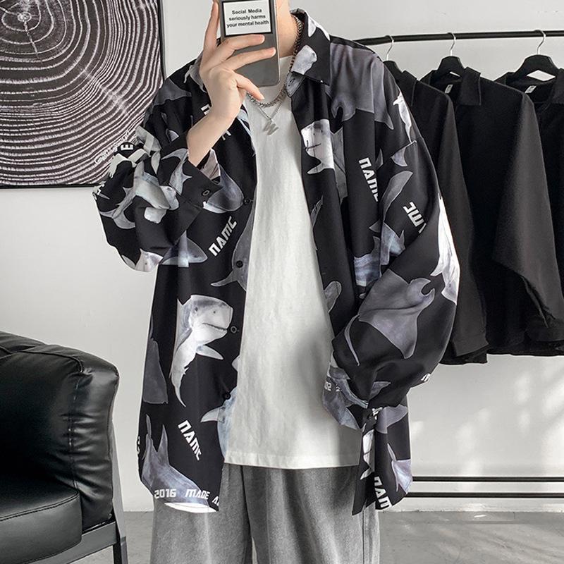 

Мужская осенняя свободная покрой в японском стиле с длинным рукавом и принтом в стиле кэжуал M чёрный