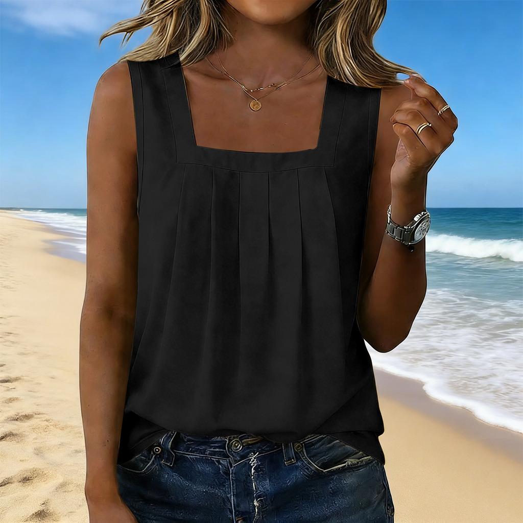Women’s Square Neck Pleated Tank Top Sleeveless Casual Blouse Loose Fit Lightweight Pullover Shirt for Daily Wear