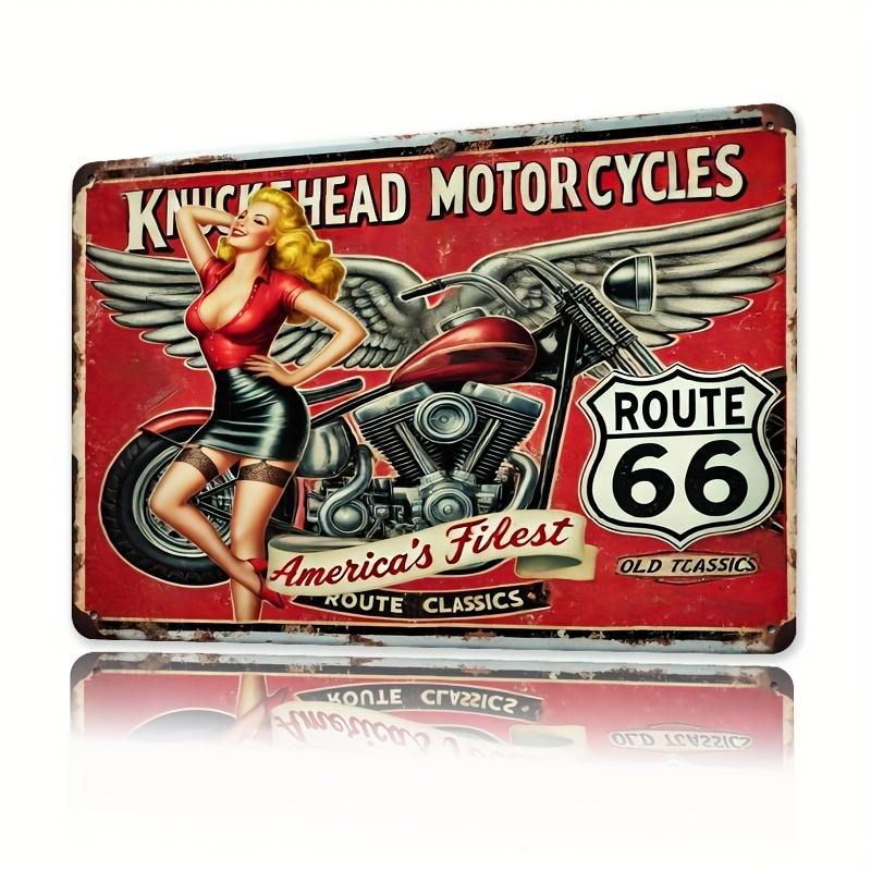 Motorrad Route 66 Metallschild Klassische Garagenwandkunst Retro Eisenplakette mit Knucklehead Motorrädern Design