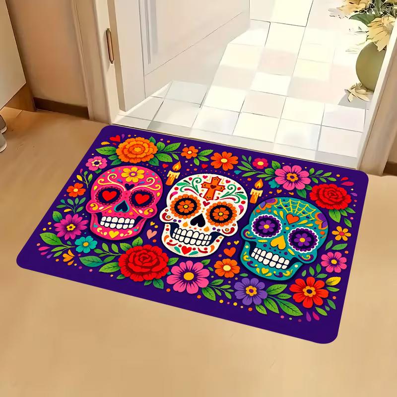 1pc, 2D Flat Printing, Day of The Dead Sugar Skull Floral Pattern Door Mat, Multicolor Non-Slip, Machine Washable Polyester Carpet, Suitable for Home