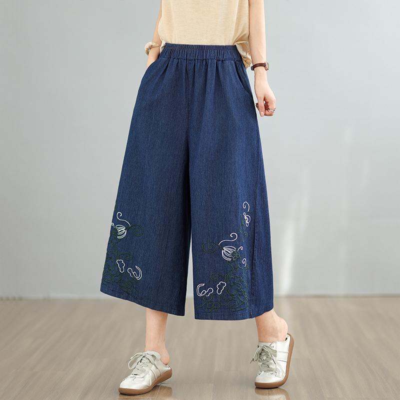 Plus Size Thin Vintage Embroidery Floral High Waist Casual Loose Women Summer Jeans Denim Wide Leg Pants