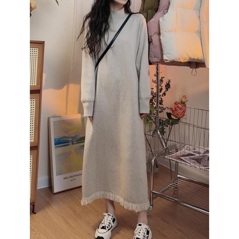 Knitted Sweater Skirt Women's New Autumn and Winter Loose Semi-turtleneck Dress Tassel Inner with Bottom Skirt