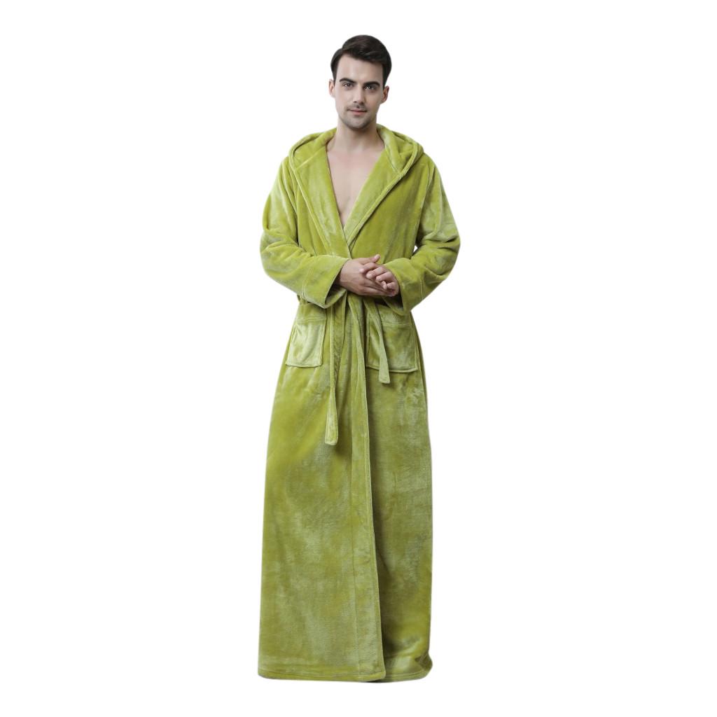 Mens Hooded Thicken Coral Fleece Robe Bathrobe Gown Pajamas Sleepwear Pocket