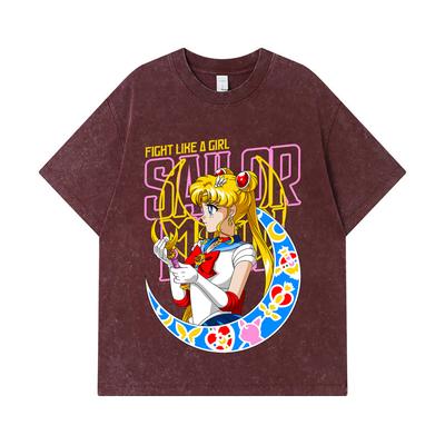 275 GSM Gewaschene T-Shirts 100% Baumwolle Sailor Moon V8 Minako Print Unisex Schweres Baumwoll-T-Shirt