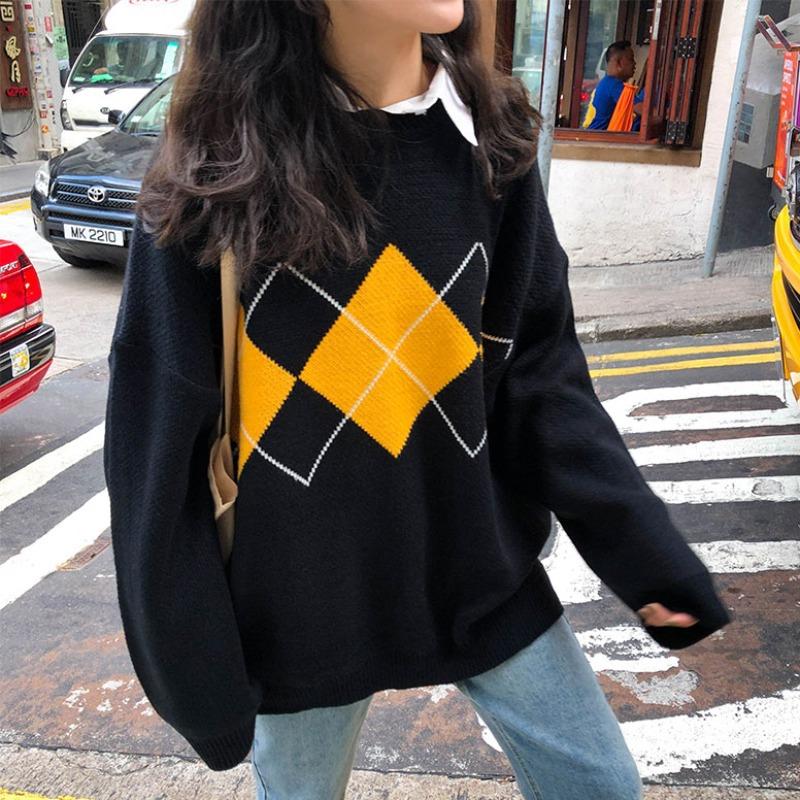 Loose and casual all-match rhombic pattern sweater for outerwear, autumn and winter new thick knit sweater women's top