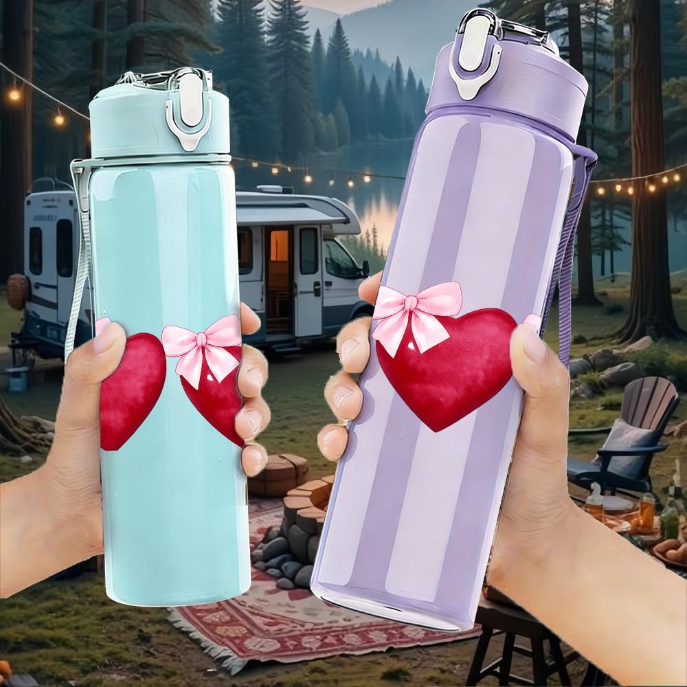 1PC Triple Red Heart Love Pattern Print 750ml Color Plastic Sports Water Bottle Leakproof Flip Straw Lid Suitable for Sports Office Home Use