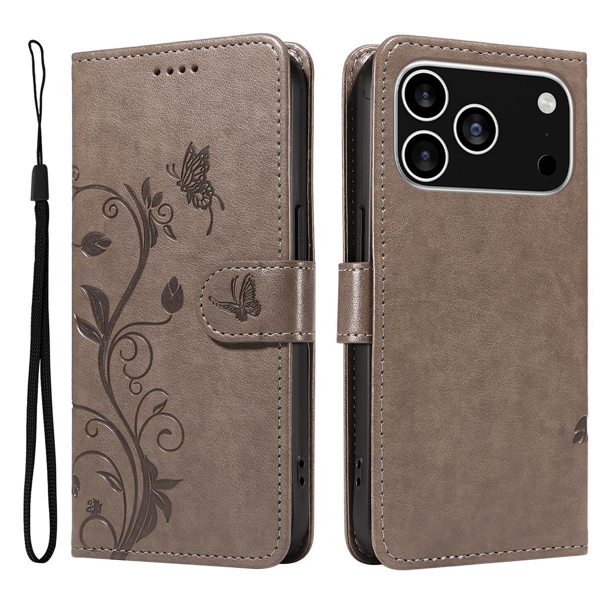 

For iPhone 17 Pro PU Leather Cases Flower Pattern Wallet Stand Phone Cover with Strap Grey
