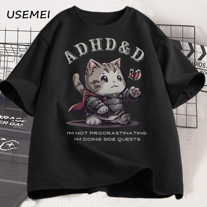ADHD&D I'm Not Procrastinating Cat T-shirt Funny Graphic Printed Tshirts Cotton Short Sleeve Summer Loose Tees Oversized Tops