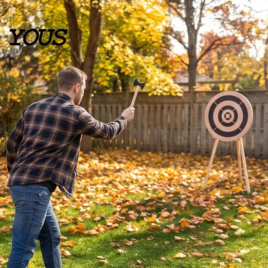 Outdoor Dart Game Ax Throwing Target Kit, with Wood Disc, 3 Axes, Rope, for Indoor Backyard Family Party